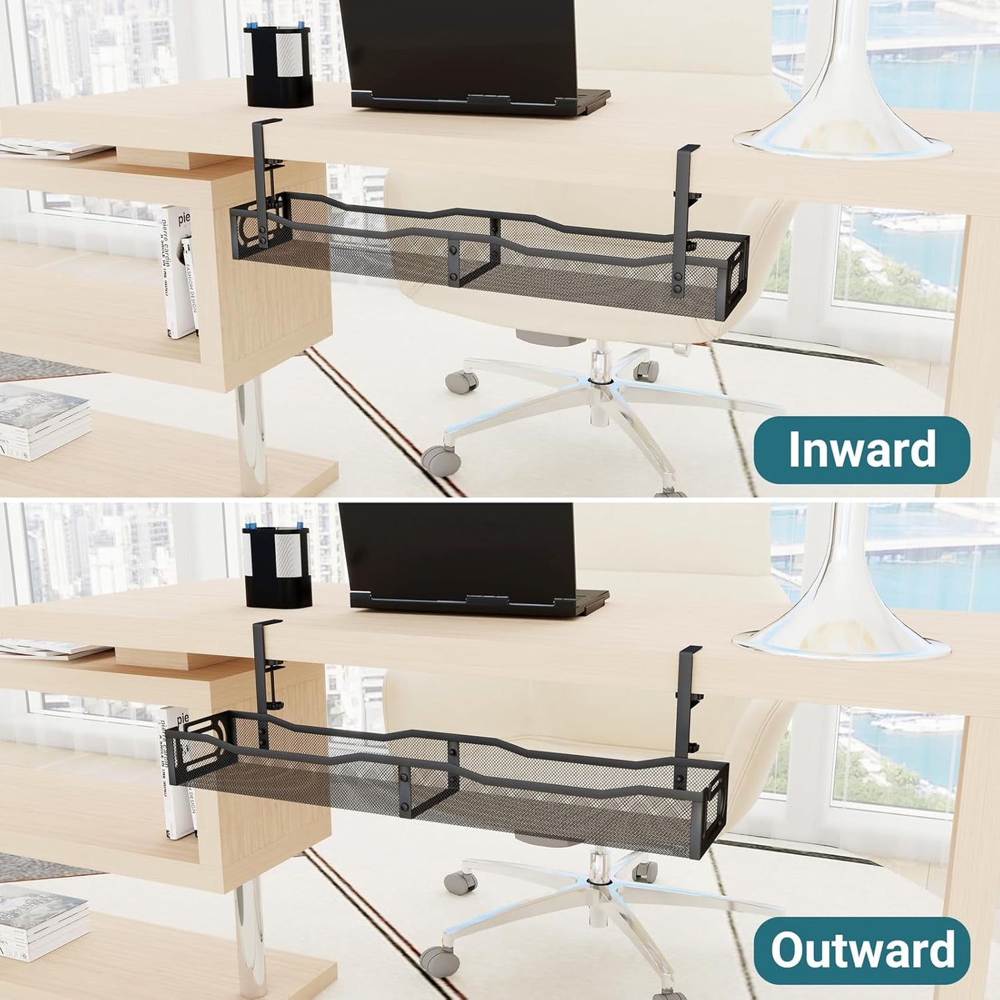 Cable Management Under Desk, 25.3'' No Drill Desk Cable Management Tray with Clamp, Metal Cord Organizer for Standing Desk, Computer Wire Management for Home Office & Gaming Setup, Black