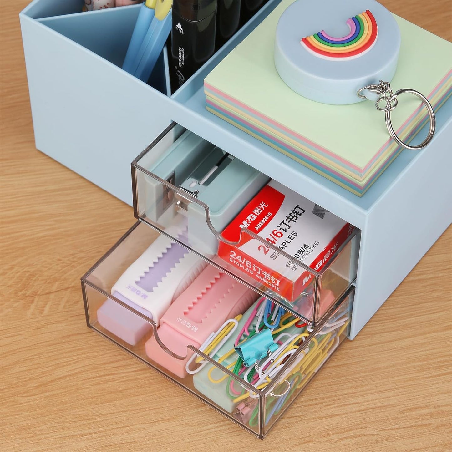 LETURE Office Desk Organizer with drawer, Office Supplies and Desk Accessories, Business Card/Pen/Pencil/Mobile Phone/Stationery Holder Storage Box (White)