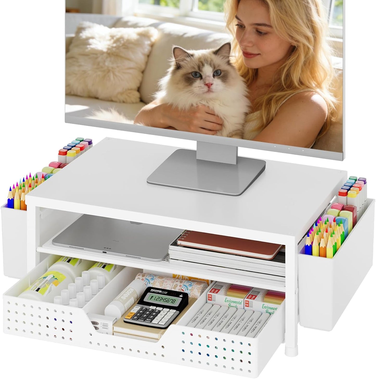 OPNICE Desk Organizers and Accessories, Computer Monitor Stand Riser with Drawer and 2 Pen Holders, Printer & Laptop Stand, Office Desk Accessories & Workspace Organizers for Home Office Supplies, Black