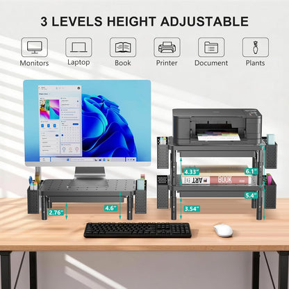 WALI Computer Monitor Stand with Storage, Desk Monitor Riser 3 Height Adjustable, Laptop Riser with Airflow Vents, Desk Organizer for Computer, Laptop, Printer (PTT002-B), 1 Pack, Black