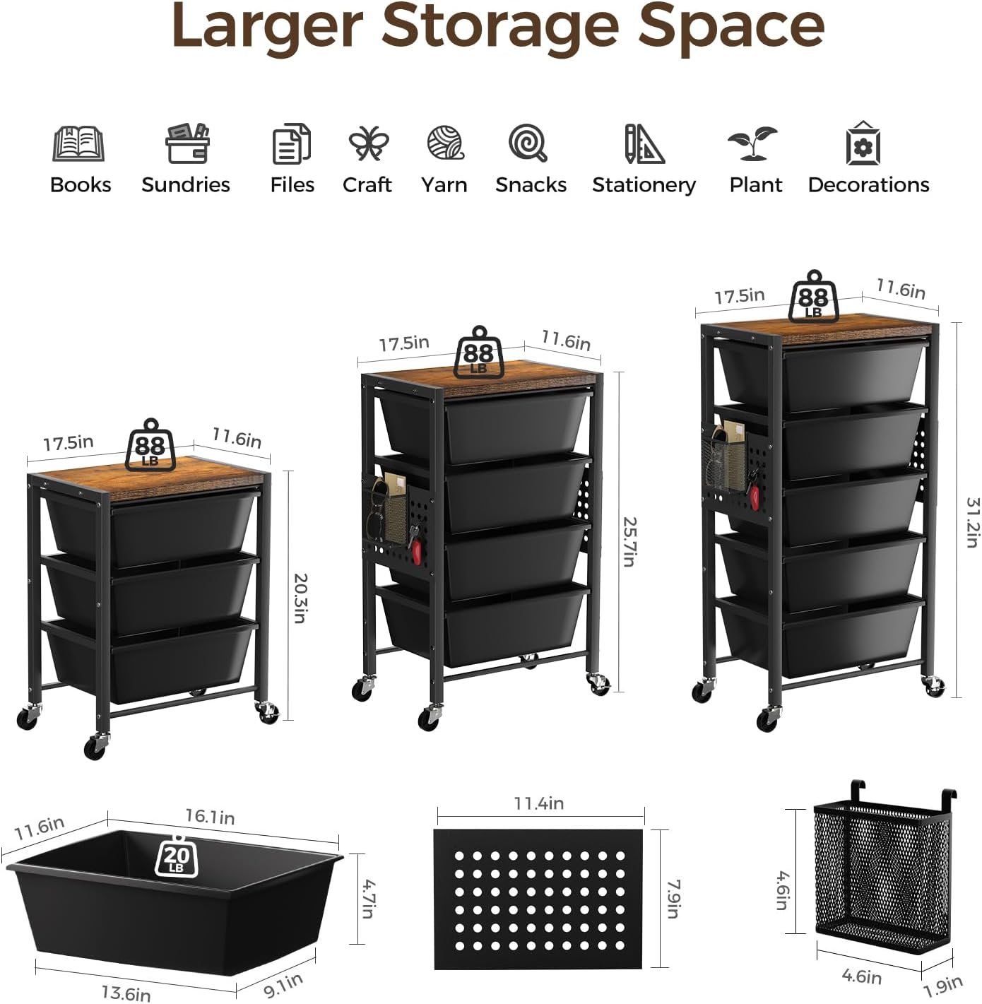 Rolling Cart with 3 Drawers, Plastic Drawer Storage Carts with Lockable Wheels & Wooden Tabletop, Metal Utility Cart Organizer, Office Bedroom Classroom Craft Organization and Storage, Bright White