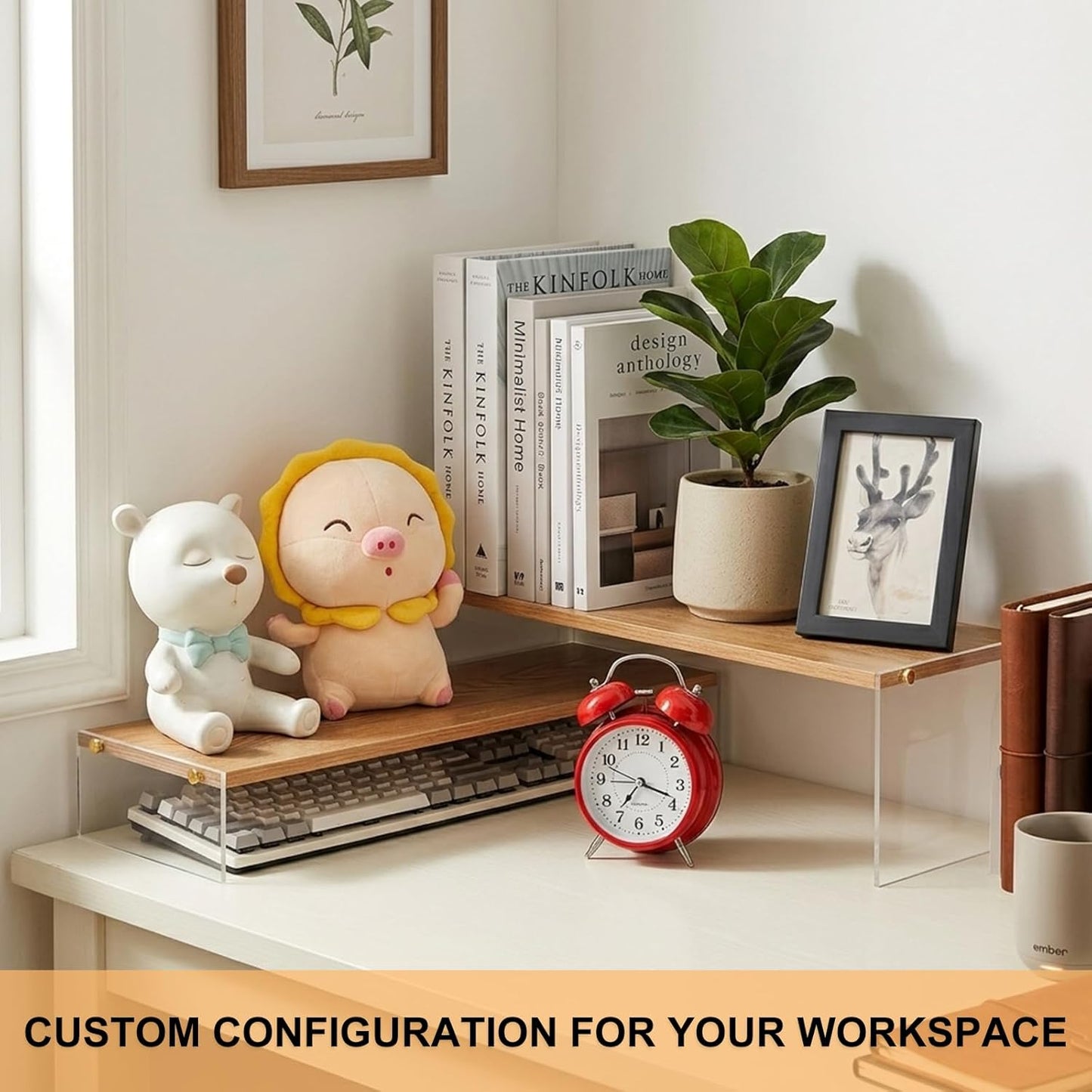 YGYQZ Adjustable Monitor Stand Riser with Acrylic Legs丨7.67" Wide Dual Monitor Stand for Desk丨2-Tier Wood Desktop Organizer for Computer, Laptop, Printer & PC丨Modern Aesthetic Desk Shelf(wood-flat)