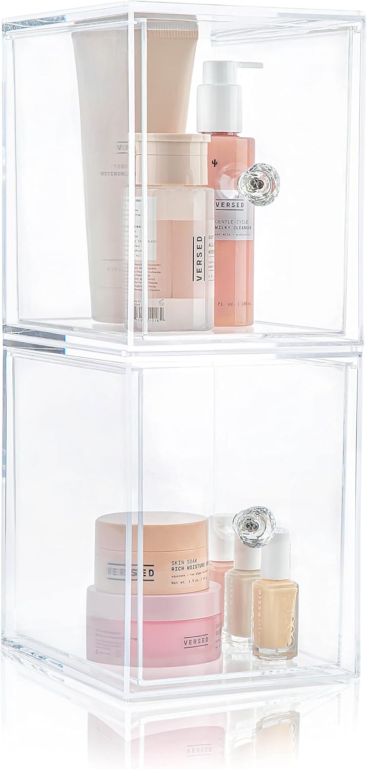 Oizeir Acrylic Drawer Organizer 2-Pack – Clear Stackable Storage Drawers for Makeup, Skincare, Vanity, Bathroom, Under Sink, Kitchen & Office – Non-Slip, Durable, Multi-Purpose Organizer Bins