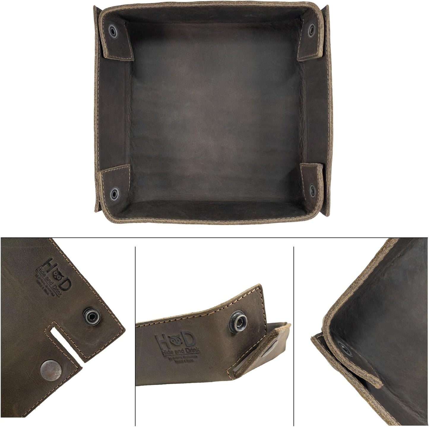 Hide & Drink, Leather Catchall Tray, Easy Access Organizer for Keys, Coins, Change, Jewelry, Watches, Smartphones, Durable, Vintage Style, Handmade :: Bourbon Brown
