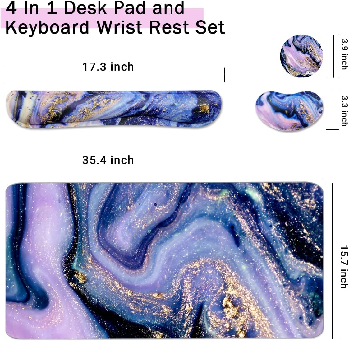 Large Mouse Pad and Keyboard Wrist Rest, Desk Pad for Keyboard and Mouse, 4-in-1 Large Gaming Mouse Pad with Wrist Support, Desk Mat for Home Office Study Game-Galaxy Fluid
