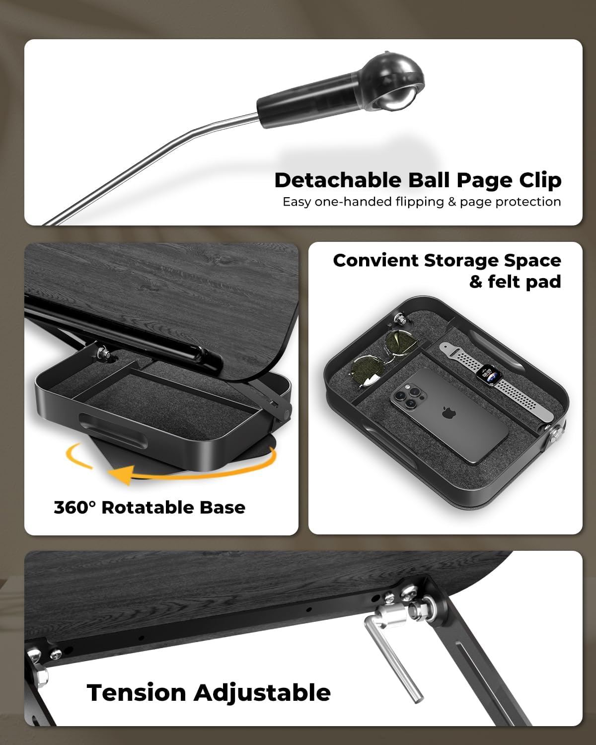 Adjustable Book Stand with Storage Drawer, 360° Rotating Book Holder, Height & Angle Adjustable, Extra-Wide Page Clips for Thick Books, Wood & Aluminum Book Stand for Desk, Study, Kitchen