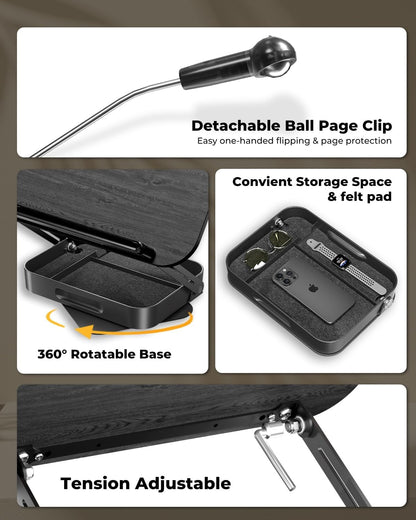 Adjustable Book Stand with Storage Drawer, 360° Rotating Book Holder, Height & Angle Adjustable, Extra-Wide Page Clips for Thick Books, Wood & Aluminum Book Stand for Desk, Study, Kitchen
