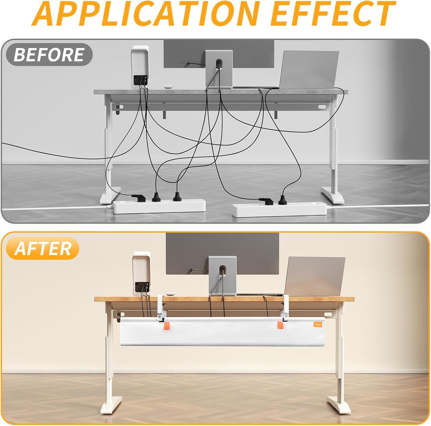 Under Desk Cable Management Tray with Clamp, No Drill 36" Cord Organizer for Desk, Desk Cable Management Fabric Tray for Standing Desks, Ideal for Home & Office - White