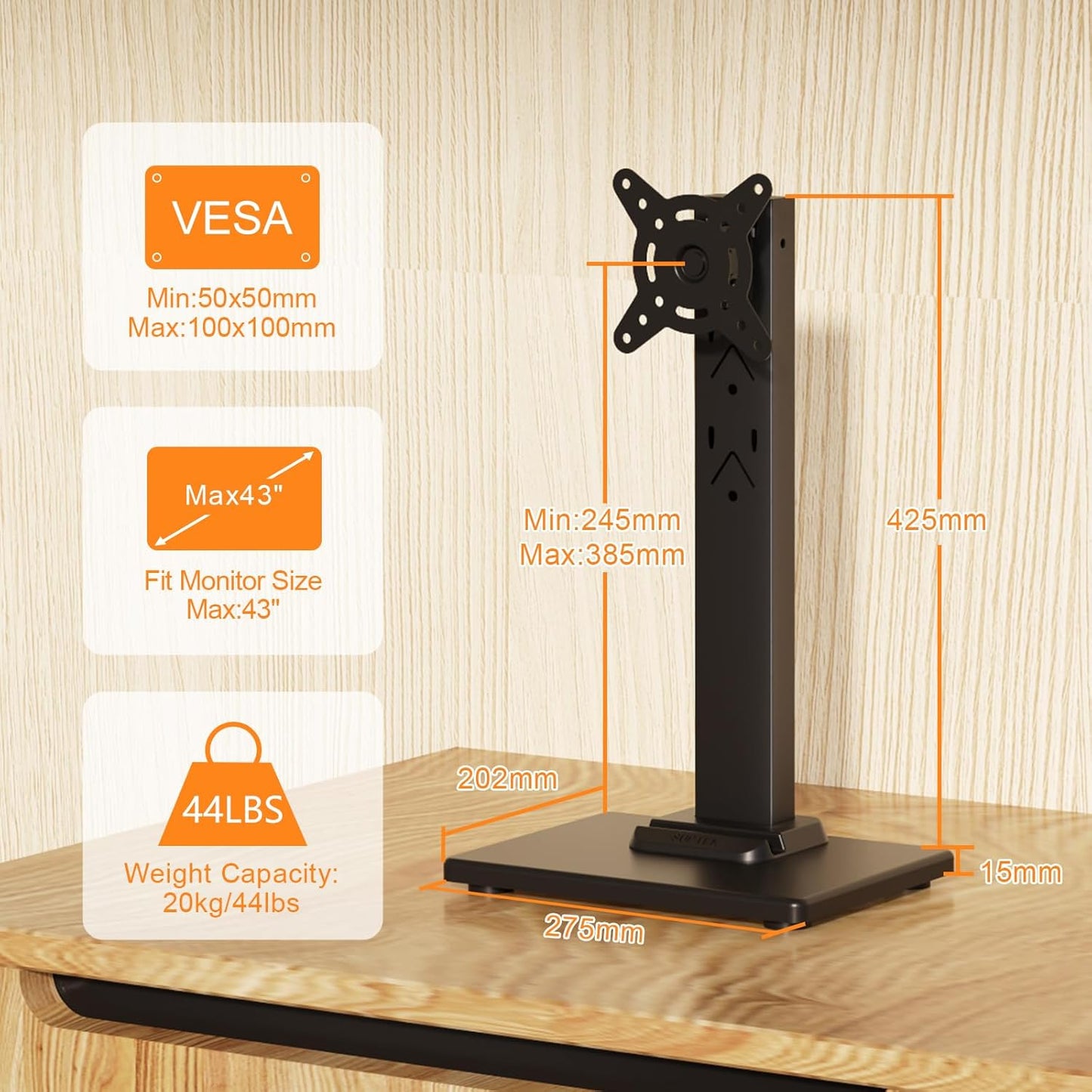 Suptek Single LCD Computer Monitor Free-Standing Desk Stand Mount Riser for 13 Inch to 43 Inch Screen with Swivel, Height Adjustable, Rotation, 50, 75, 100mm VESA Base Stand, Black