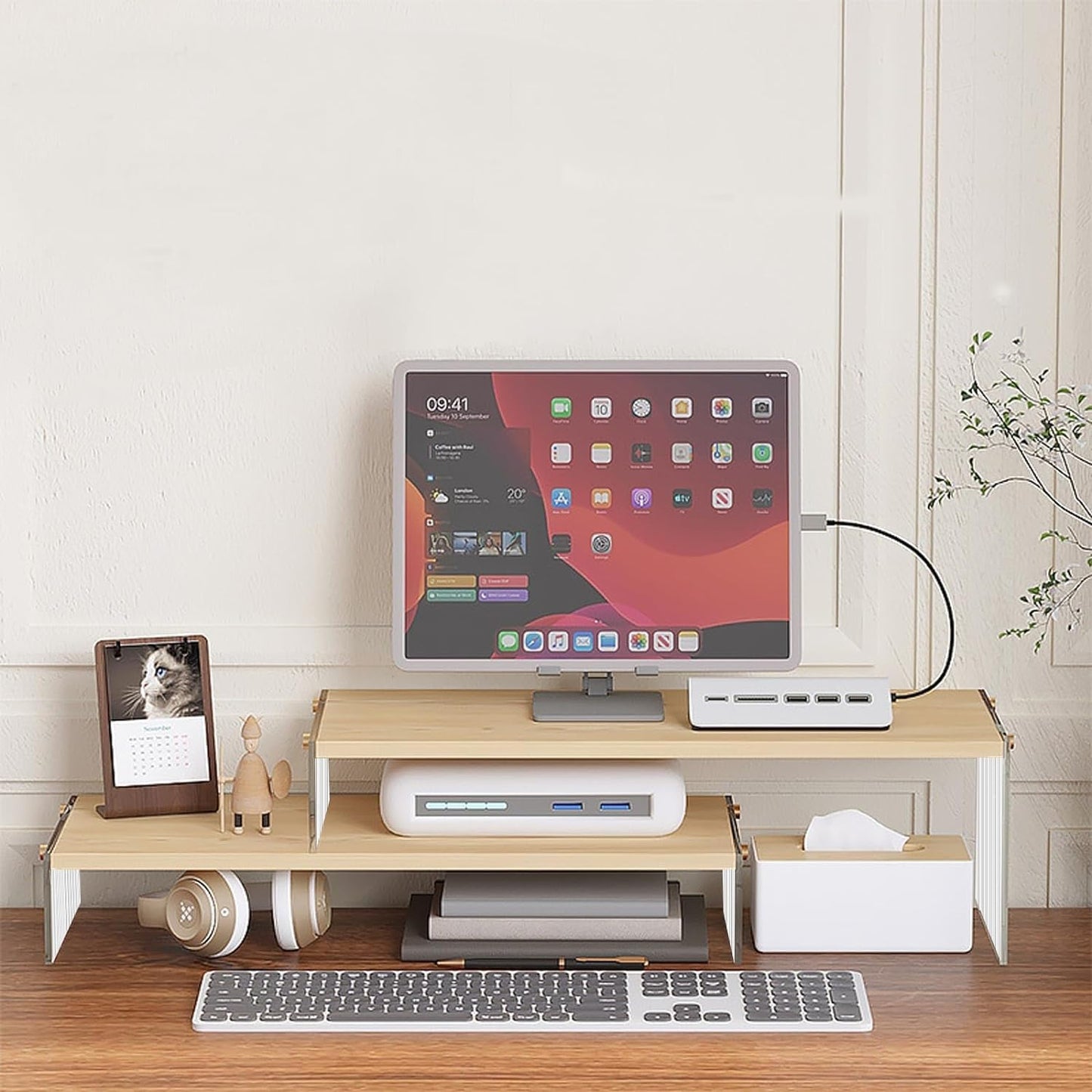 YGYQZ Adjustable Monitor Stand Riser with Acrylic Legs丨7.67" Wide Dual Monitor Stand for Desk丨2-Tier Wood Desktop Organizer for Computer, Laptop, Printer & PC丨Modern Aesthetic Desk Shelf(wood-flat)