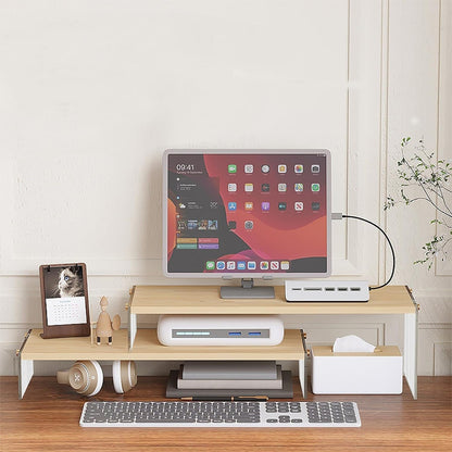 YGYQZ Adjustable Monitor Stand Riser with Acrylic Legs丨7.67" Wide Dual Monitor Stand for Desk丨2-Tier Wood Desktop Organizer for Computer, Laptop, Printer & PC丨Modern Aesthetic Desk Shelf(wood-flat)