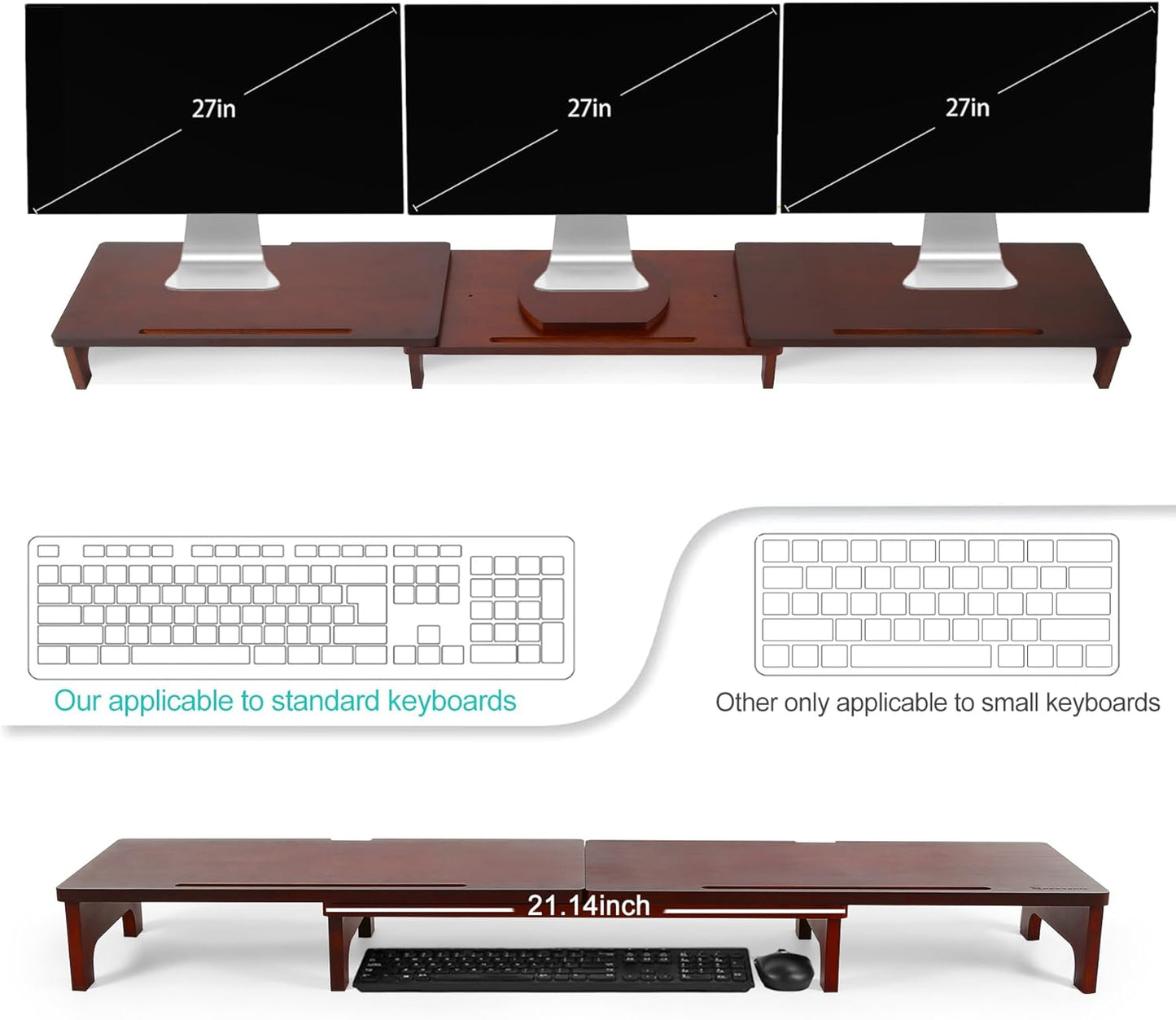 Nnewvante Monitor Stand Riser, 60 inch Large Bamboo Dual Monitor Stand for Desk, 3 Shelves Desktop Screen Riser with Adjustable Length Angle for Computer Laptop PC