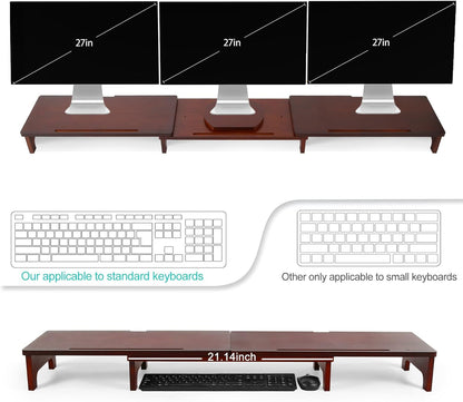 Nnewvante Monitor Stand Riser, 60 inch Large Bamboo Dual Monitor Stand for Desk, 3 Shelves Desktop Screen Riser with Adjustable Length Angle for Computer Laptop PC