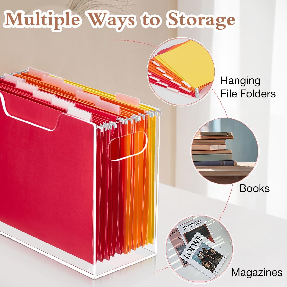 Jumyee Clear Acrylic File Folder Organizer with Handle – Portable Hanging File Box for Letter/A4, See-Through Desktop File Storage for Home Office School (No Folders Included)