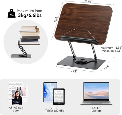 360° Rotating Book Stand for Reading, Adjustable Foldable Book Holder for Reading, Cooking, Office, Compatible with Cookbooks, Textbooks, Tablets, Sheet Music, and Laptops (Black Walnut)