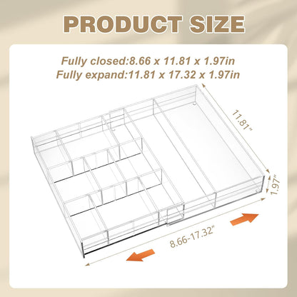 Briwooody 2 Pcs Acrylic Desk Drawer Organizer Maximum 12 x 18 x 2.1 Inch Expandable Drawer Organizer Trays with 8 Adjustable Compartments Desk Accessories for Makeup Silverware Office Bathroom