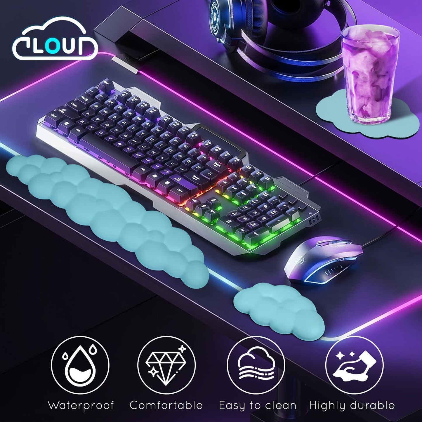 Cloud Wrist Rest for Computer Keyboard Arm Wrist Rest with Non-Slip Base Extended Wrist Rest Ergonomic Memory Foam for Keyboard and Mouse Typing Pain Relief, Office, Gaming, Computer