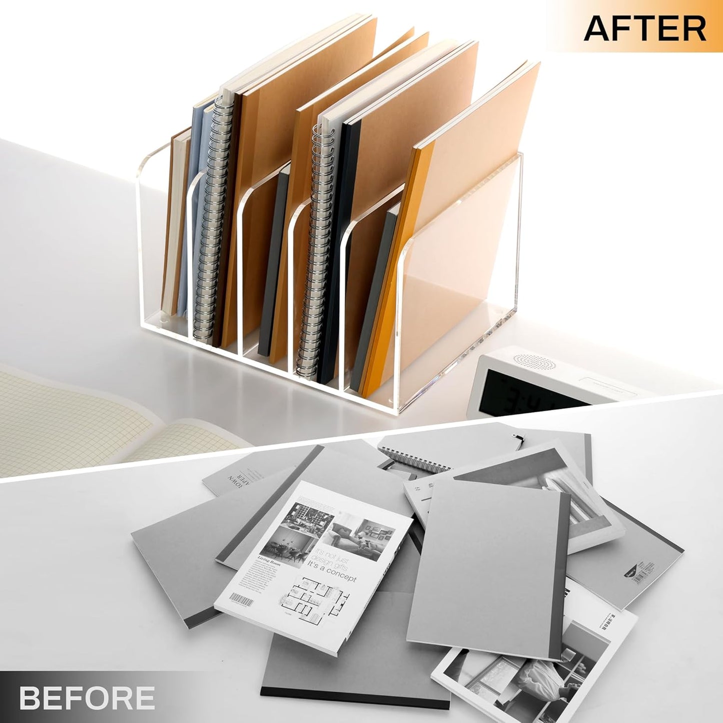 SANRUI Acrylic File Organizer, Clear Magazine File Holder Desk Organizer for Office Organization and Storage with 5 Vertical Compartments, Desktop Bookshelf for Home Office Organization