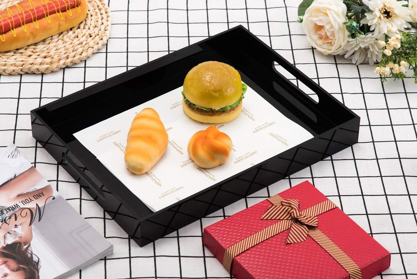 KEVLANG Clear Sturdy Acrylic Serving Tray with Handles-12x16Inch-Serving Coffee,Appetizer,Breakfast,Butler-Kitchen Countertop -Makeup Drawer Organizer-Vanity Table -Ottoman