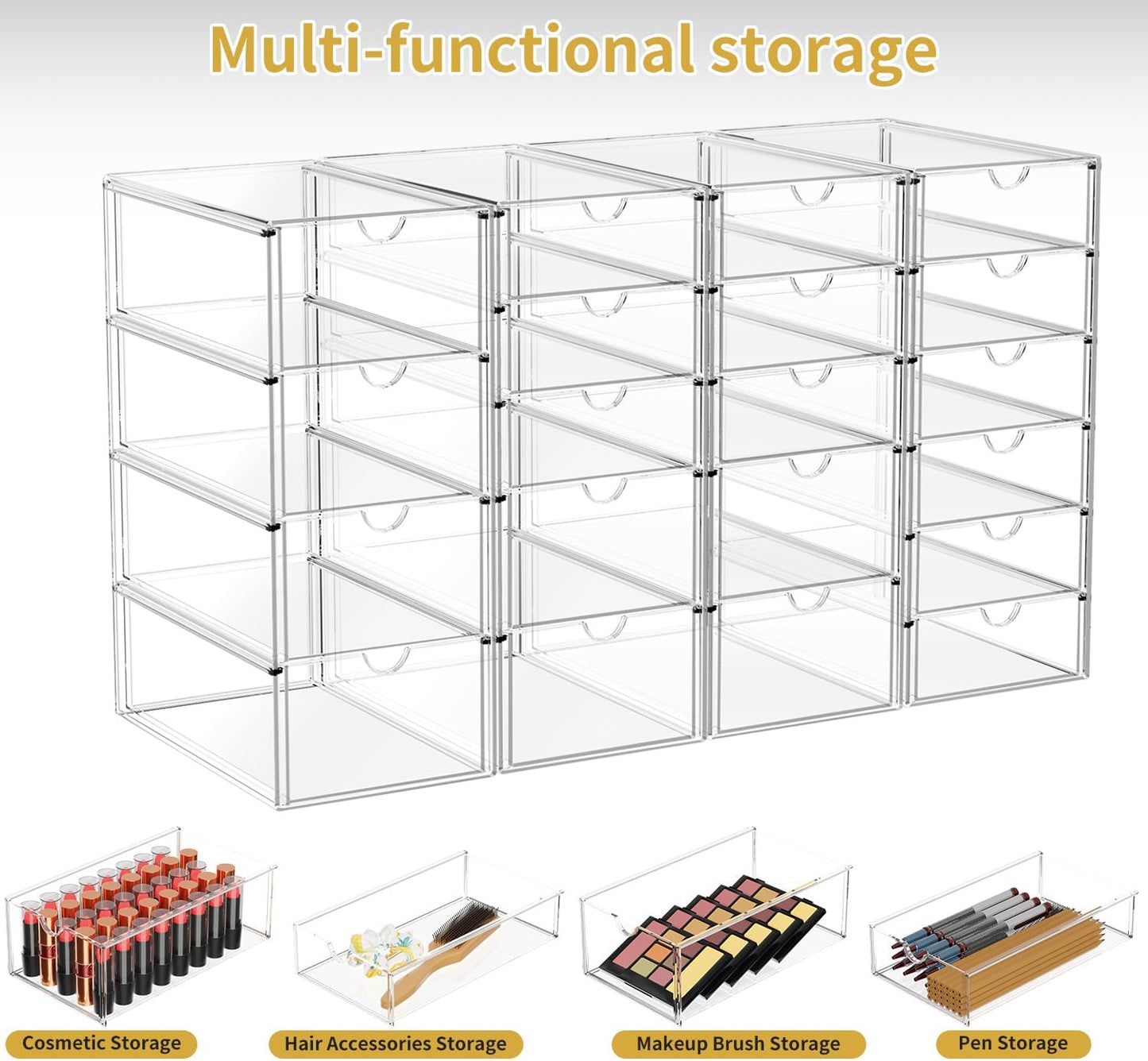 Acrylic Makeup Organizer with 20 Drawers, 4 Set Clear Storage Drawers, Acrylic Drawer Organizer and Storage for Desktop Office Supplies Make Up Pen Hair Accessories