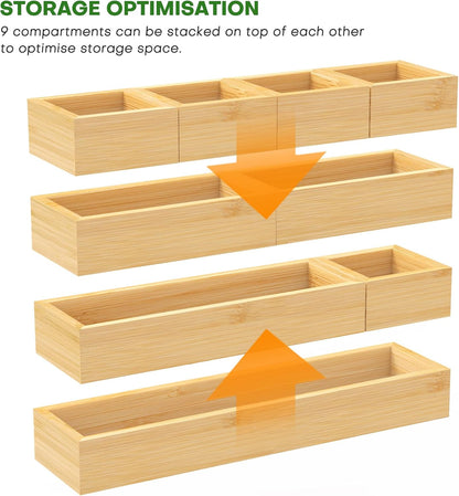 Bamboo Drawer Organizer Set, 5 PCS Multi-Use Individual Wood Storage Organizers, Junk Drawer Divider and Storage Trays Containers for Kitchen, Bathroom, Office Desk, Makeup, Jewelry, Utensils