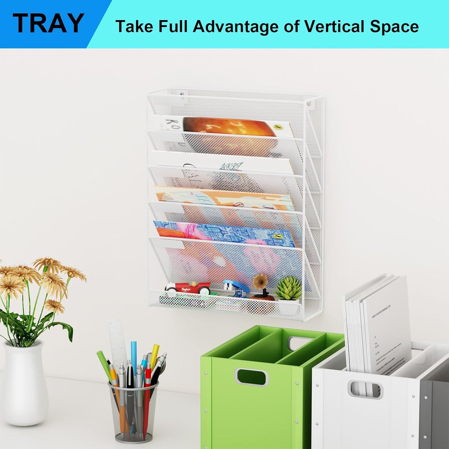 Wall File Organizer Holder Mesh Hanging Paper Document Holder,Vertical 6 Pocket Tier for Office Home, Black