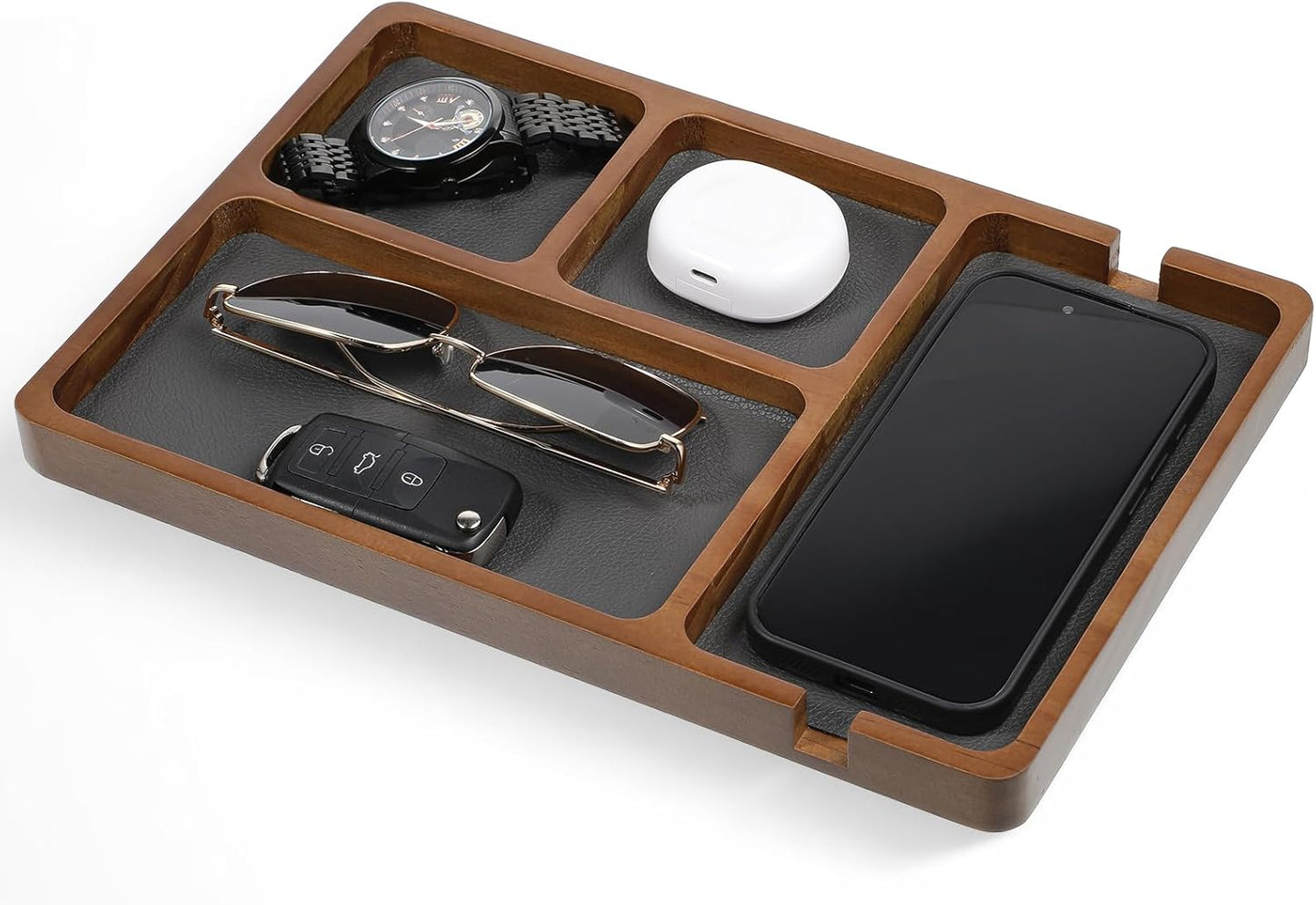 1 Pcs Wooden Valet Tray with Leather Inlay, 11.6 x 7.9 Inch Valet Tray for Men Black Sandalwood Catchall Trays EDC Trays for Nightstand, Desk, Keys, Wallet, Watch, Jewelry, Phone