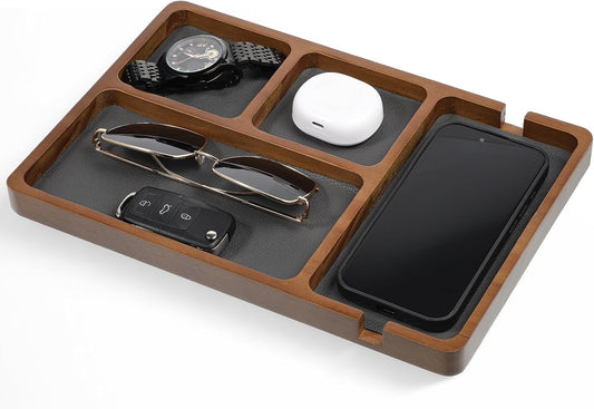 1 Pcs Wooden Valet Tray with Leather Inlay, 11.6 x 7.9 Inch Valet Tray for Men Black Sandalwood Catchall Trays EDC Trays for Nightstand, Desk, Keys, Wallet, Watch, Jewelry, Phone