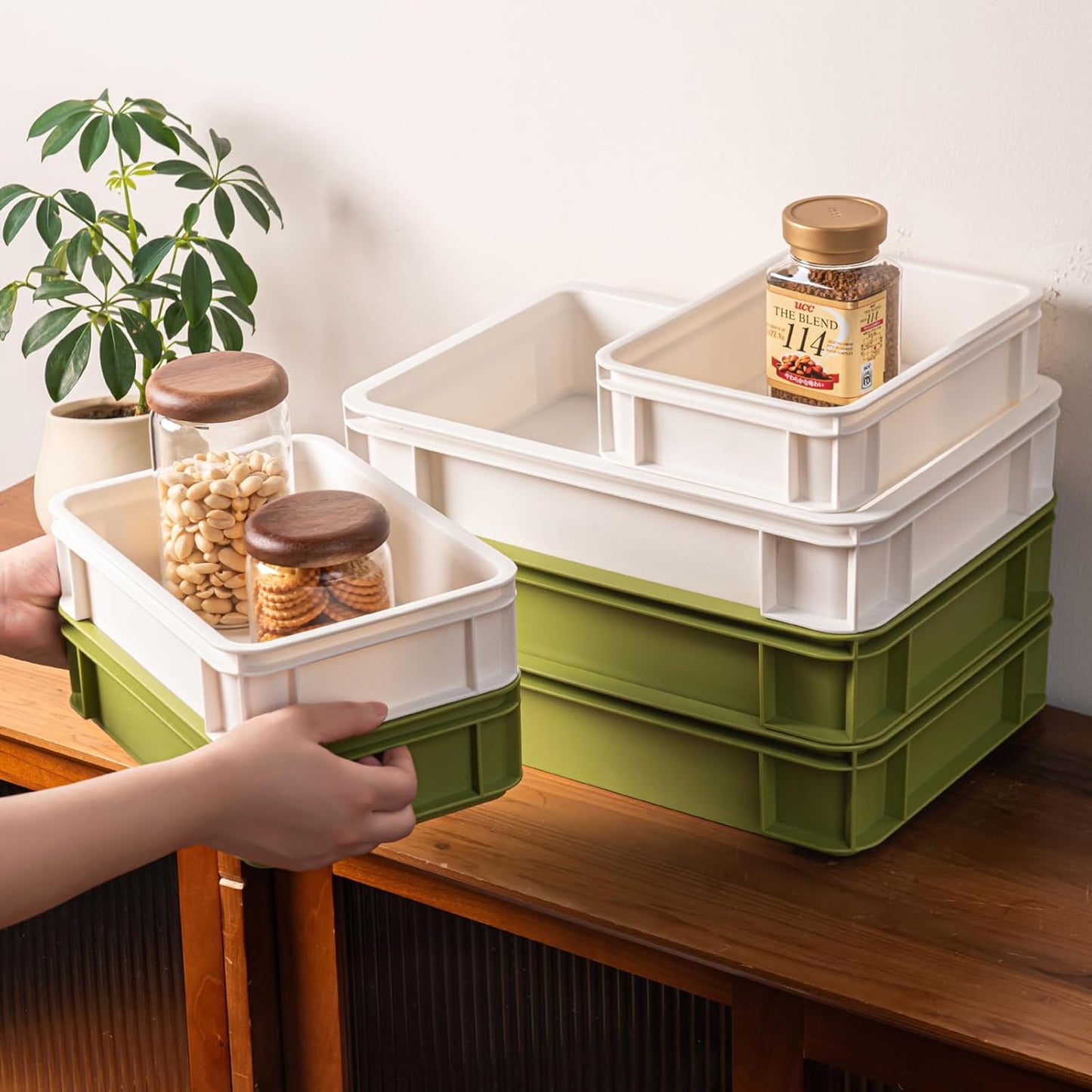 Stackable Organizer Boxes - Create Your Perfect Modular Desktop Storage System Office Desk Organizer Set15.8''*11''*3.26'' (Beige, 6Large)