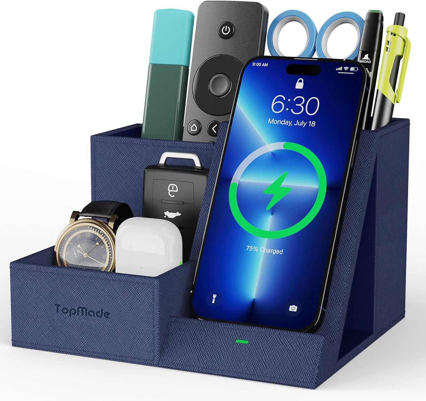 TopMade Wireless Charger with Desk Nightstand Organizer, Leather Pen Pencil Holder Bedside Fast Charging Station, for iphone Charging Stand Office Supplies Desk Accessories, Gifts for Men(Blue)