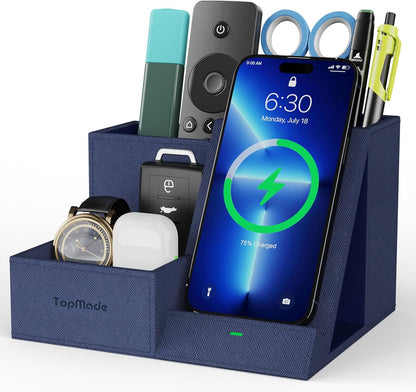 TopMade Wireless Charger with Desk Nightstand Organizer, Leather Pen Pencil Holder Bedside Fast Charging Station, for iphone Charging Stand Office Supplies Desk Accessories, Gifts for Men(Blue)