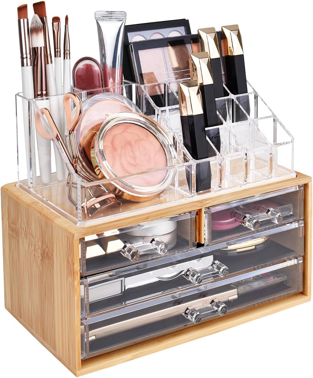 Ikee Design Acrylic Makeup Organizer with 4 Drawers and Removable Top Lipstick Holders, Ideal for Make-up or Accessories,Enhance Your Vanity or Bathroom with Clear Design for Quick Visibility