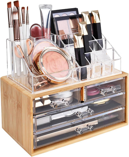 Ikee Design Acrylic Makeup Organizer with 4 Drawers and Removable Top Lipstick Holders, Ideal for Make-up or Accessories,Enhance Your Vanity or Bathroom with Clear Design for Quick Visibility