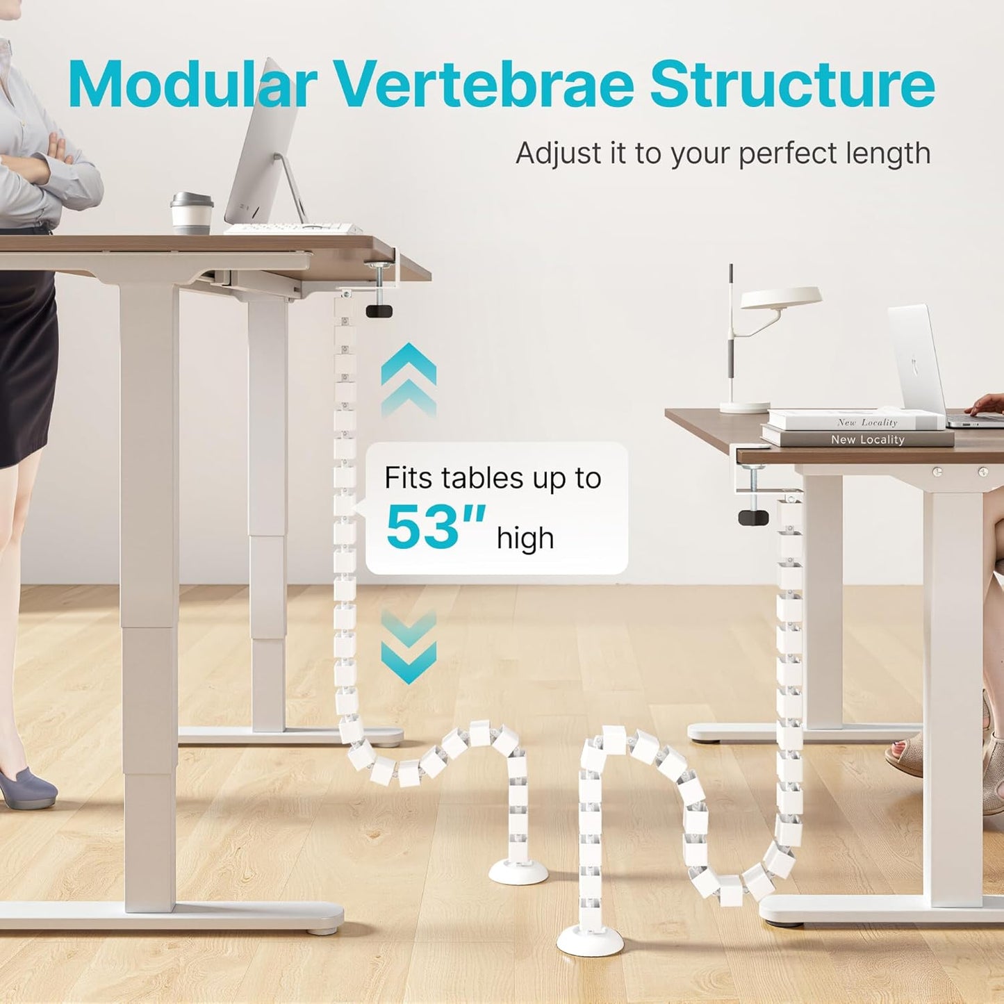 PEGZONE Under Desk Cable Management Spine – Flexible Cable Snake Organizer for Standing Desk, Tool-Free Magnetic Vertebrae Wire Management for 0.4"-2" Table, White