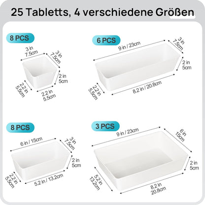 Vtopmart 25 PCS Clear Plastic Drawer Organizers Set, 4-Size Versatile Bathroom and Vanity Drawer Organizer Trays, Storage Bins for Makeup, Bedroom, Kitchen Gadgets Utensils and Office