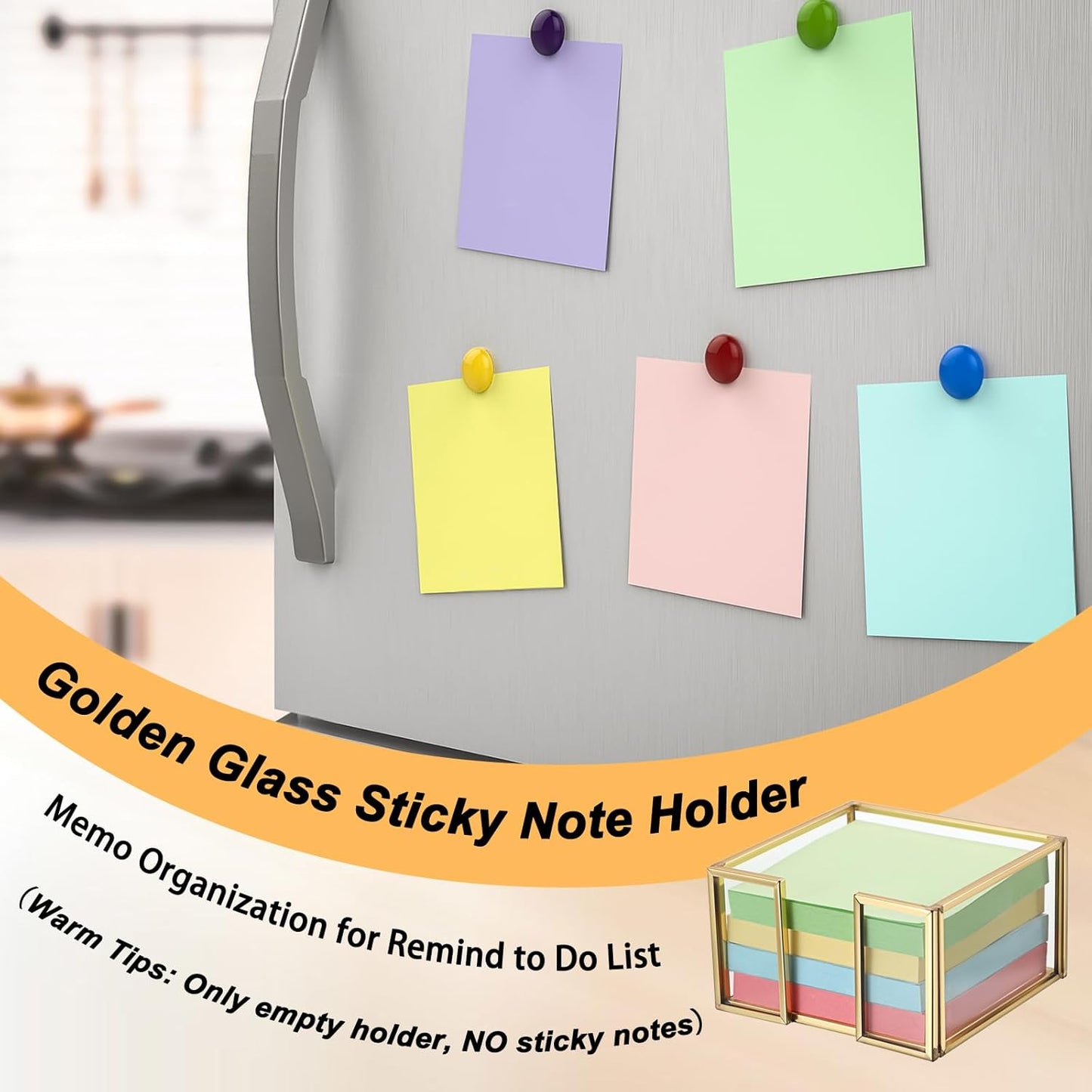 BTSKY Golden Glass 3x3 Inch Sticky Note Holder with Pen Slot, Elegant Post It Note Dispenser with Non-Slip Pads Clear Notepad Holder for Desk Organization Planning, Home Office Decor