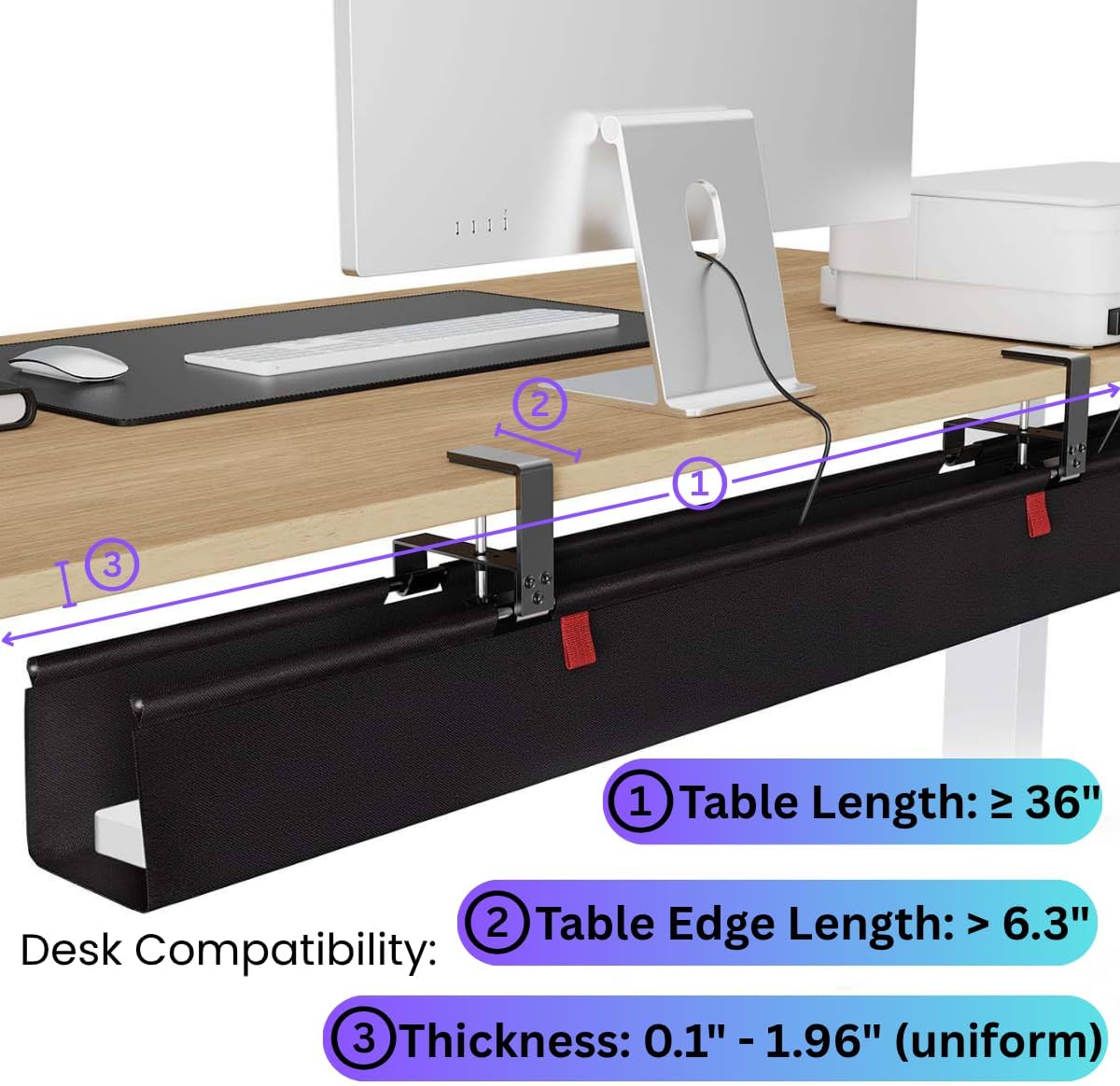 Under Desk Cable Management Tray, 48" Extra Large No Drill Cord Organizer with Easy to Clean Oxford Fabric, Clamp On Power Stripe Holder for Office, Home Office & Gaming Space
