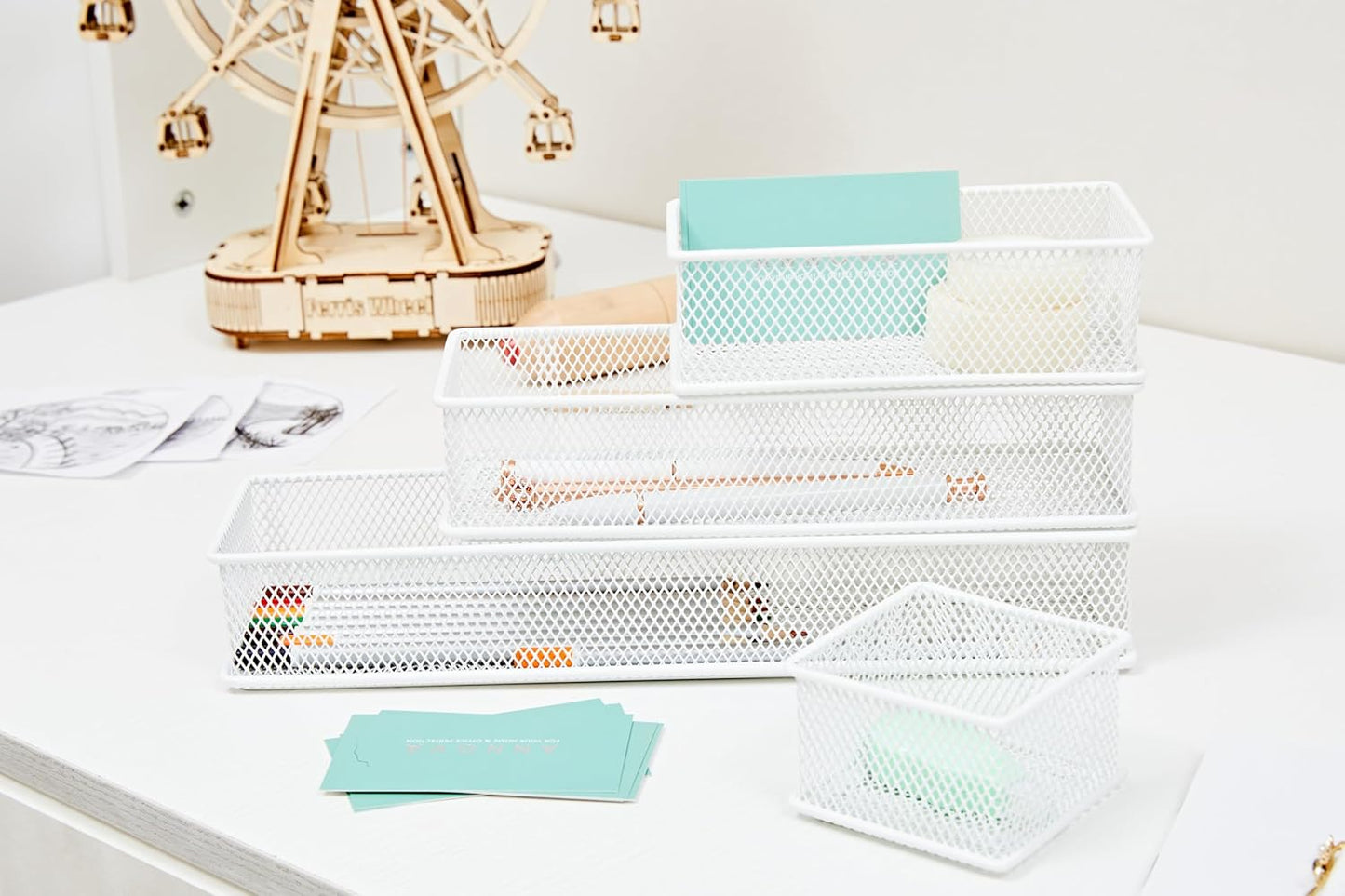 Annova Stackable Mesh Drawer Cabinet and Shelf Organizer Bins Storage Basket School Office Supply Holder Tray- Set of 2 (Gold, 3x3x2 Inch)