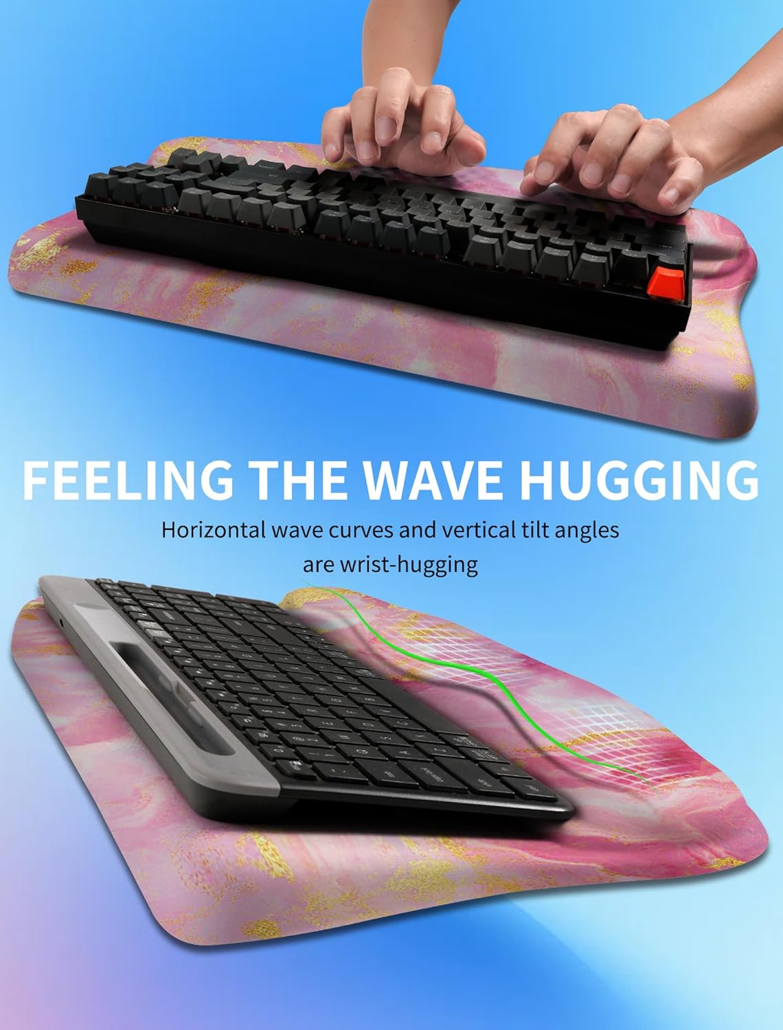 Ergonomic Wave Wrist Rest with Keyboard Stand, Cushioned Palm Rest, Comfortable Integrated Memory Foam for Natural Typing and Relieve Wrist Pain, Dark Night Black