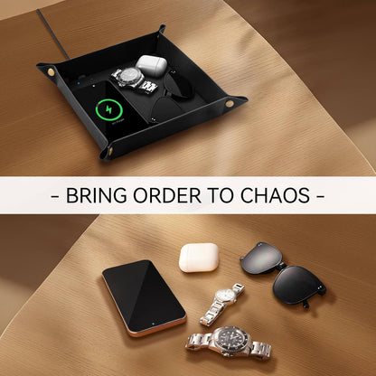 Wireless Charging Valet Tray, Hi-HONX Travel Essentials Organizer with 15W Fast Qi Charger for Passport, Phone, Keys, Wallet | Bedside Desk Valet Tray for Hotel, Home Entryway, Dresser