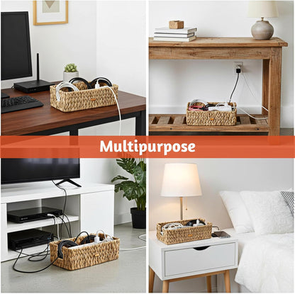 Cable Management Box with Lid 2 Pack Hand-Woven Water Hyacinth Decorative Cord Organizer 2 Side Open Slots Wicker Cable Box to Hide Cords Power Strip for Desk, Floor, Office