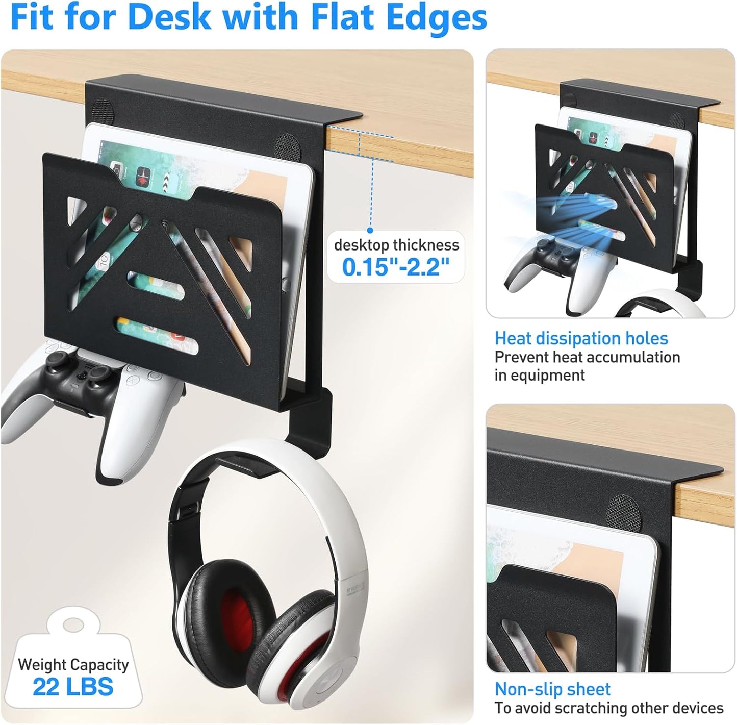 MAXECHO Desk Side Storage, Under Desk Laptop Mount, Table Side Hanging File Organizer, No Drill Clamp On Cable Management Tray, Laptop Holder with Magnetic Pen Holder for Office and Home, Load 22 Lbs