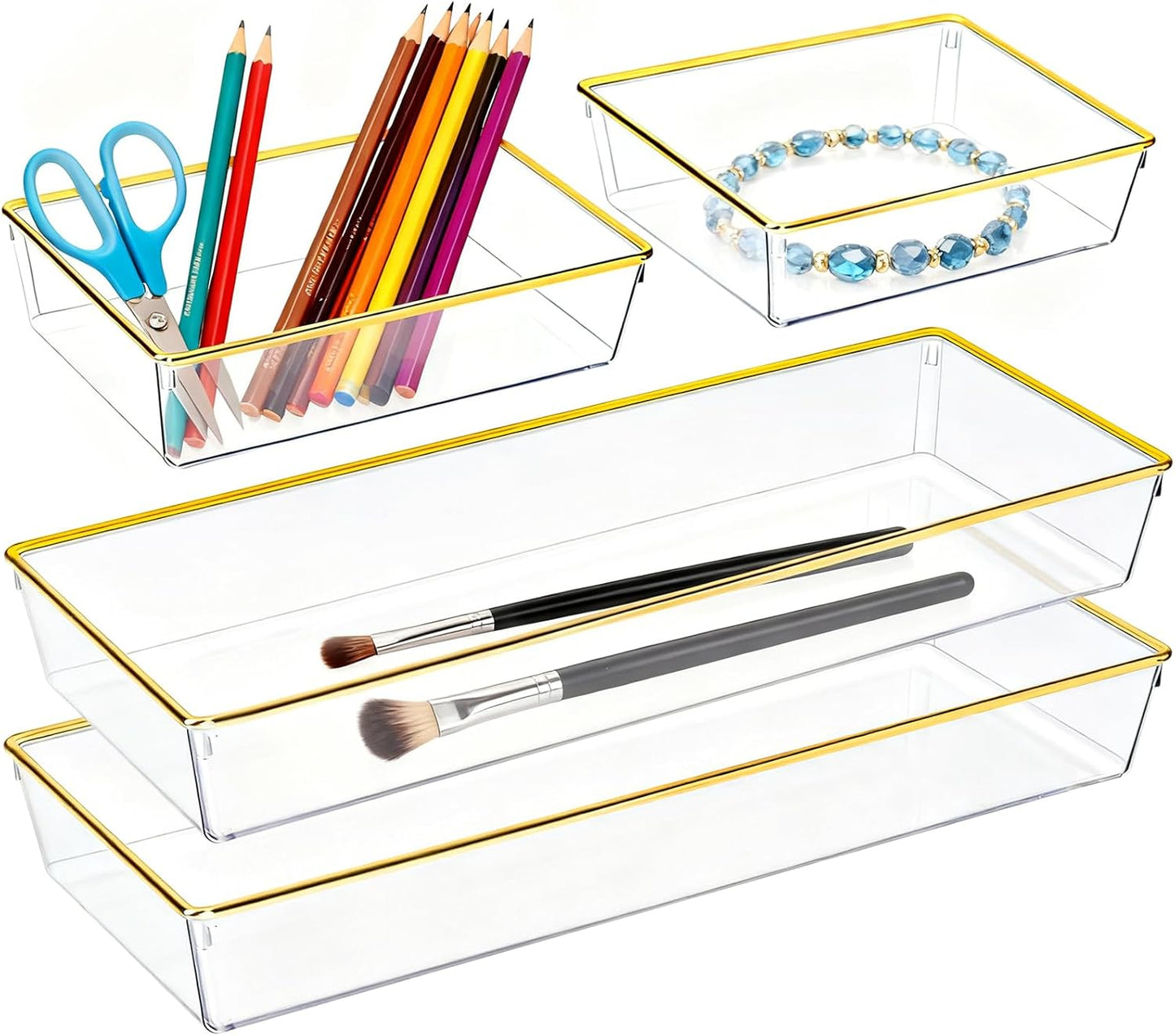 4 Pack Large Size Clear Stackable Drawer Organizer Trays, Gold Rim Makeup Drawer Storage Tray Divider, Desk Storage for Makeup, Jewelry, Bathroom, Stationary, Kitchen Utensils and Office Desk