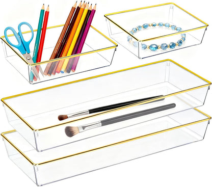 4 Pack Large Size Clear Stackable Drawer Organizer Trays, Gold Rim Makeup Drawer Storage Tray Divider, Desk Storage for Makeup, Jewelry, Bathroom, Stationary, Kitchen Utensils and Office Desk