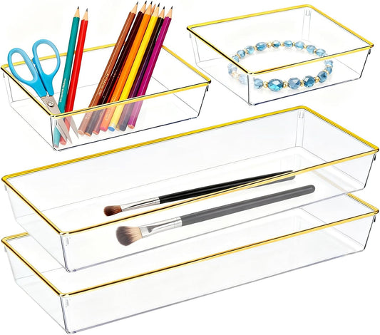 4 Pack Large Size Clear Stackable Drawer Organizer Trays, Gold Rim Makeup Drawer Storage Tray Divider, Desk Storage for Makeup, Jewelry, Bathroom, Stationary, Kitchen Utensils and Office Desk