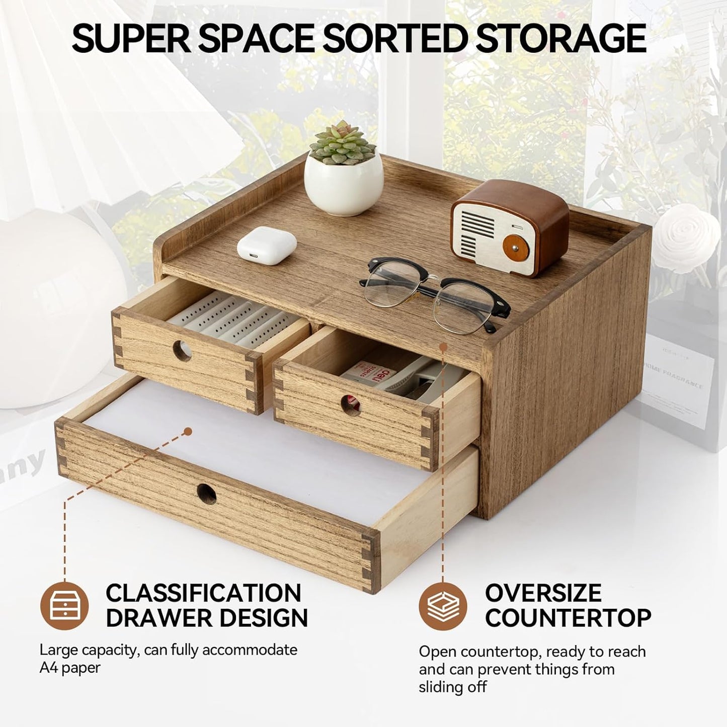 KIRIGEN Wooden Desktop Organizer Paper Storage Letter Tray File Sorter - Desk Rack Magazine File Dividers Holders for Home Office Accessories Wood Desk Cabinet with 3 Layer Trays Natural(3KWJG-NA)