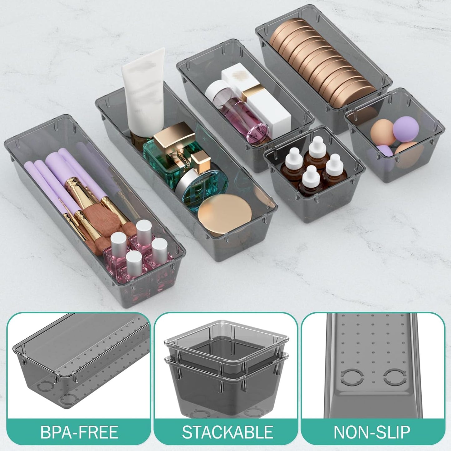 WOWBOX 6 Pack Clear Drawer Organizer Set, Acrylic Drawer Storage Trays, Storage Bins for Makeup, Cosmetics, Jewelries, Utensils, Gadgets, Office
