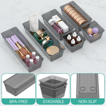 WOWBOX 6 Pack Clear Drawer Organizer Set, Acrylic Drawer Storage Trays, Storage Bins for Makeup, Cosmetics, Jewelries, Utensils, Gadgets, Office