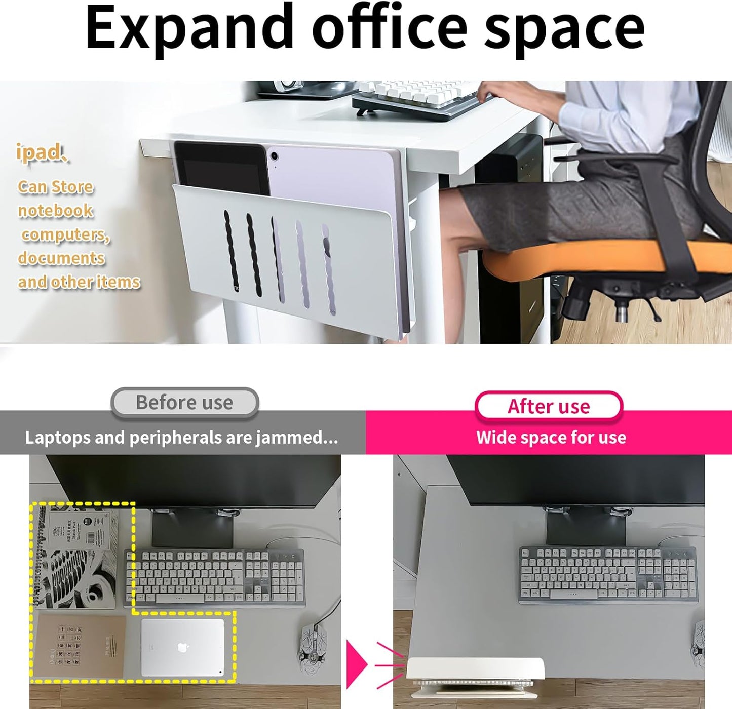 Desk Side Storage, Under Desk Storage, No Drill Steel Hanging Desk Organizer, Laptop Holder, Desk Storage Holder for Office & Home.(Black)