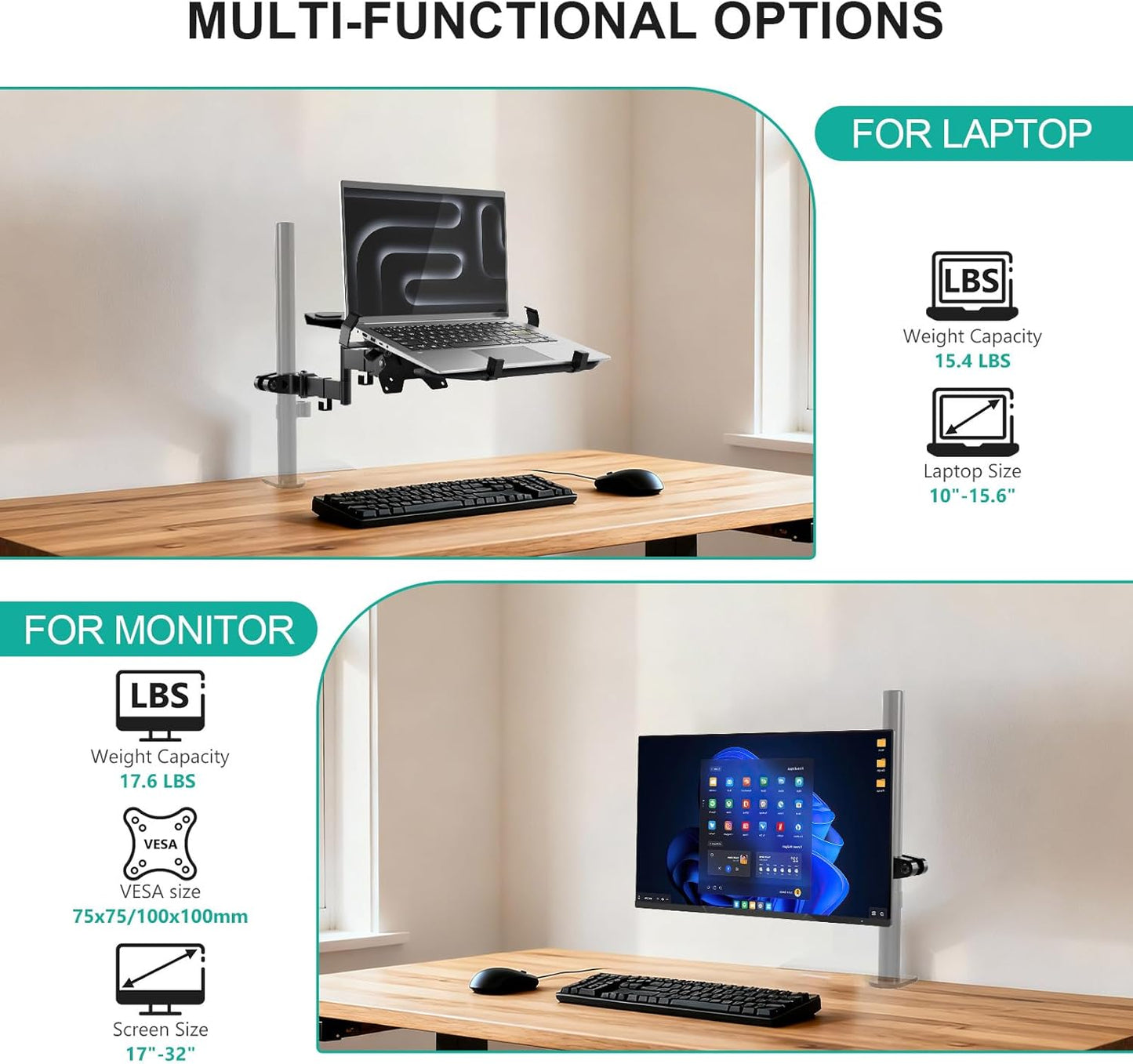 WALI Laptop Desk Mount for 17 inch Notebook, Adjustable Single Monitor Arm with Laptop Holder for 32 inch Screen, Laptops Stand with Ventilated Tray, Up to 22 lbs, (M00LP), Black